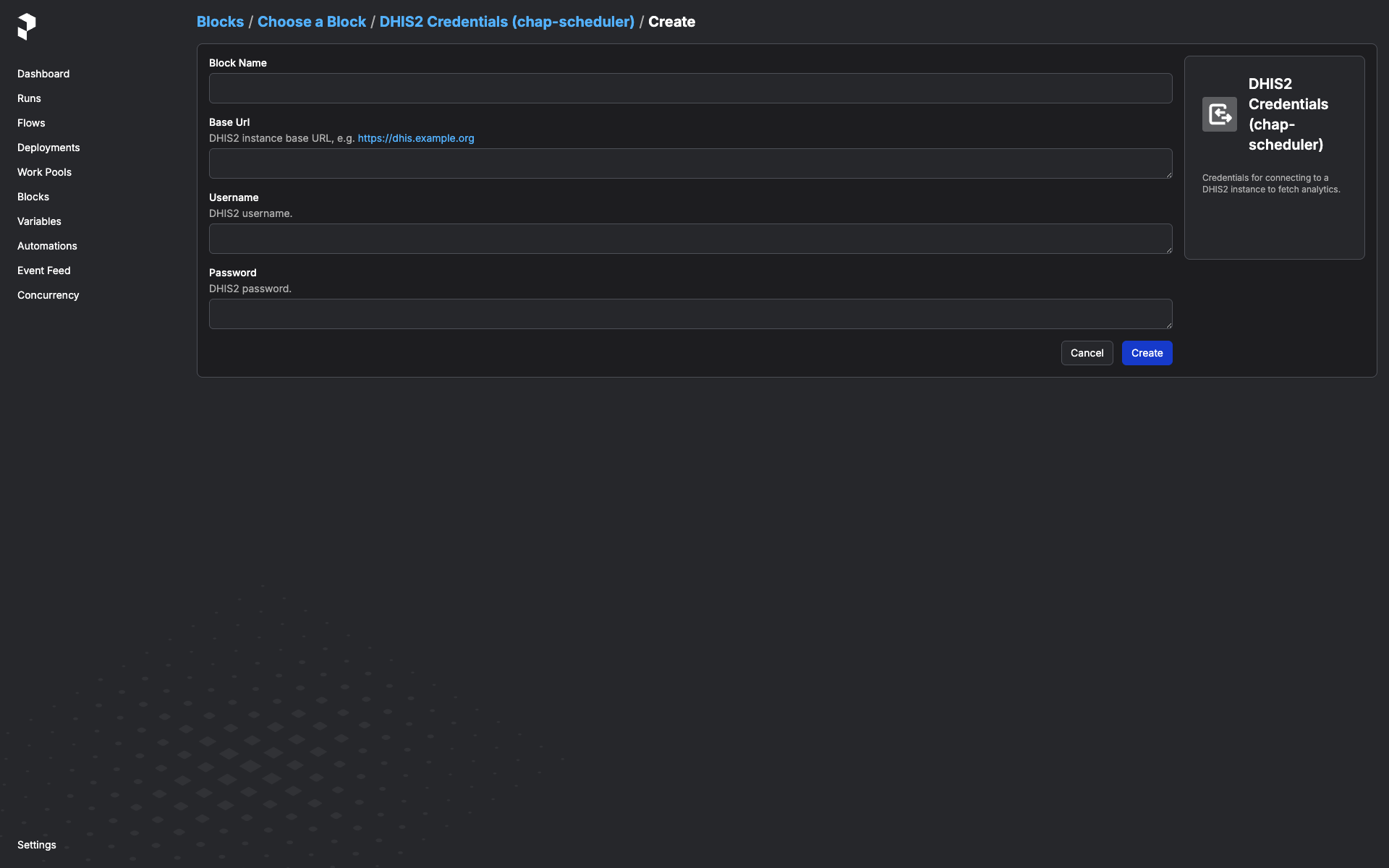 Create DHIS2 Credentials block