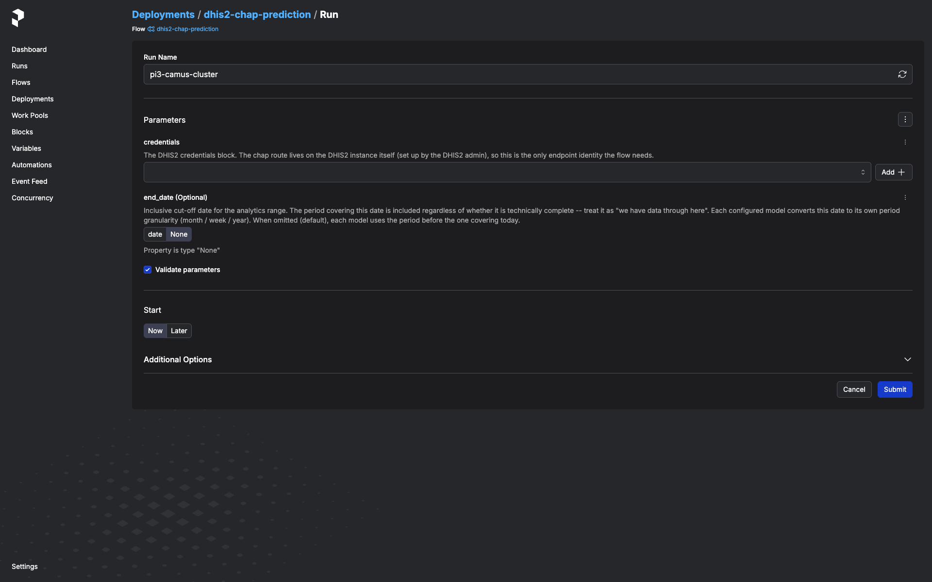 Custom run form with the credentials parameter