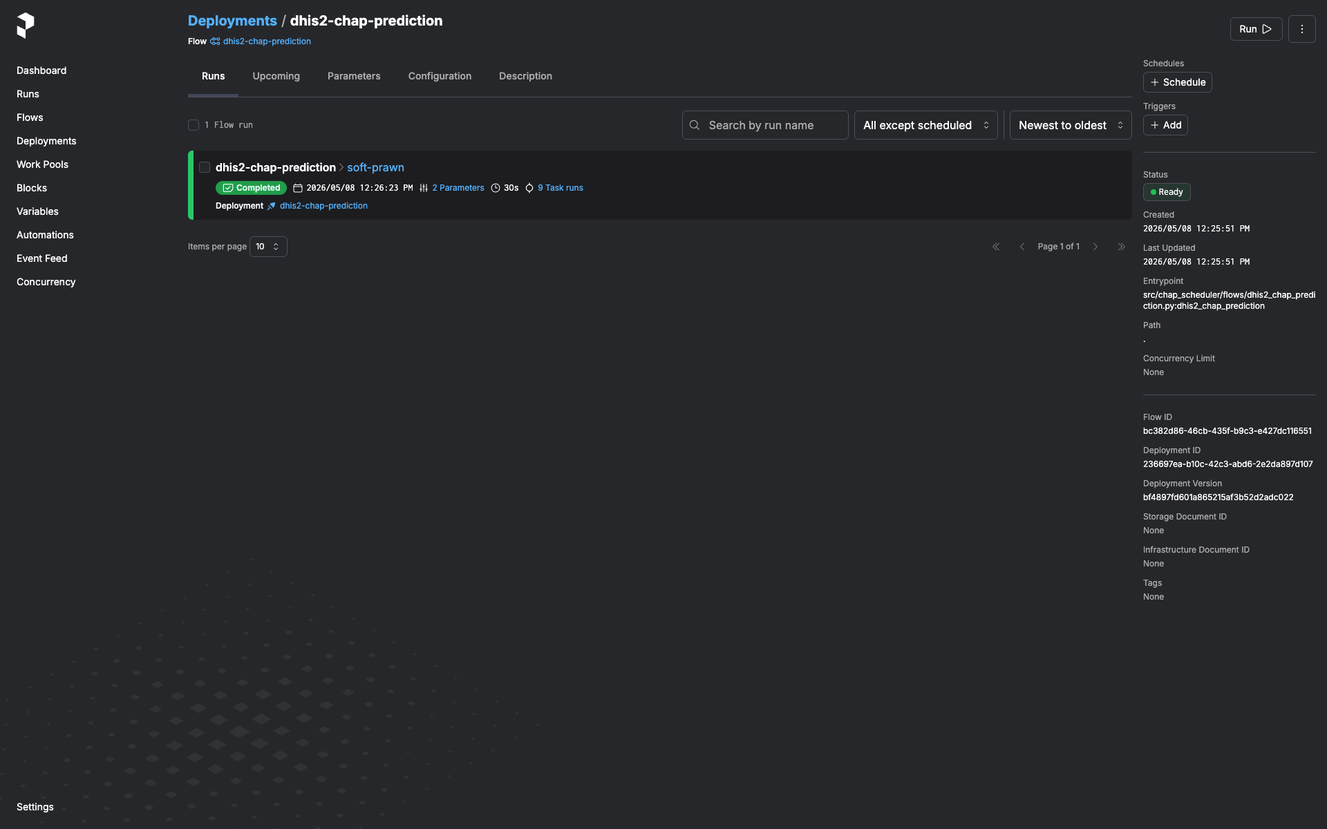 Deployment detail page with the Run button