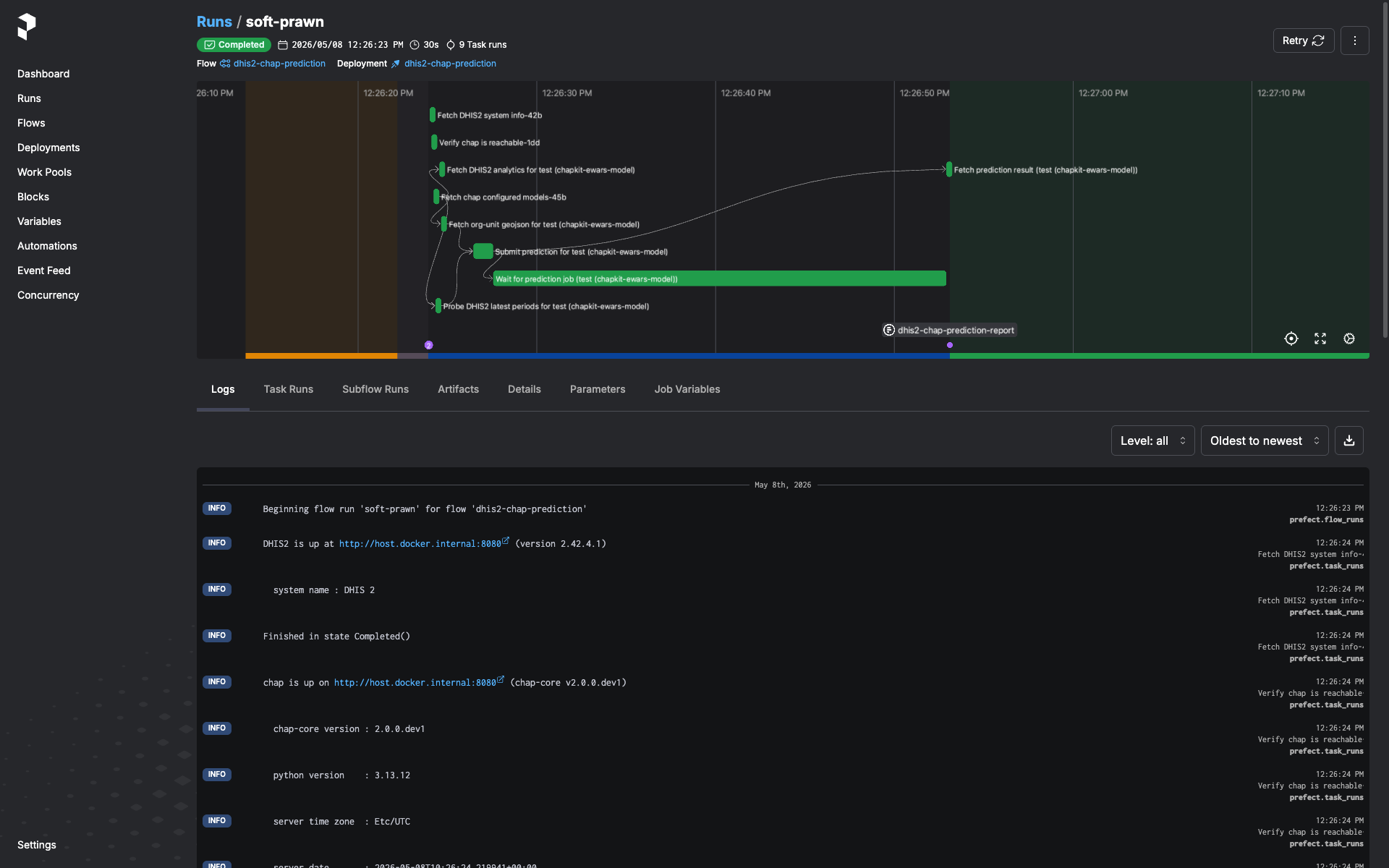 Completed flow run with logs and the task graph