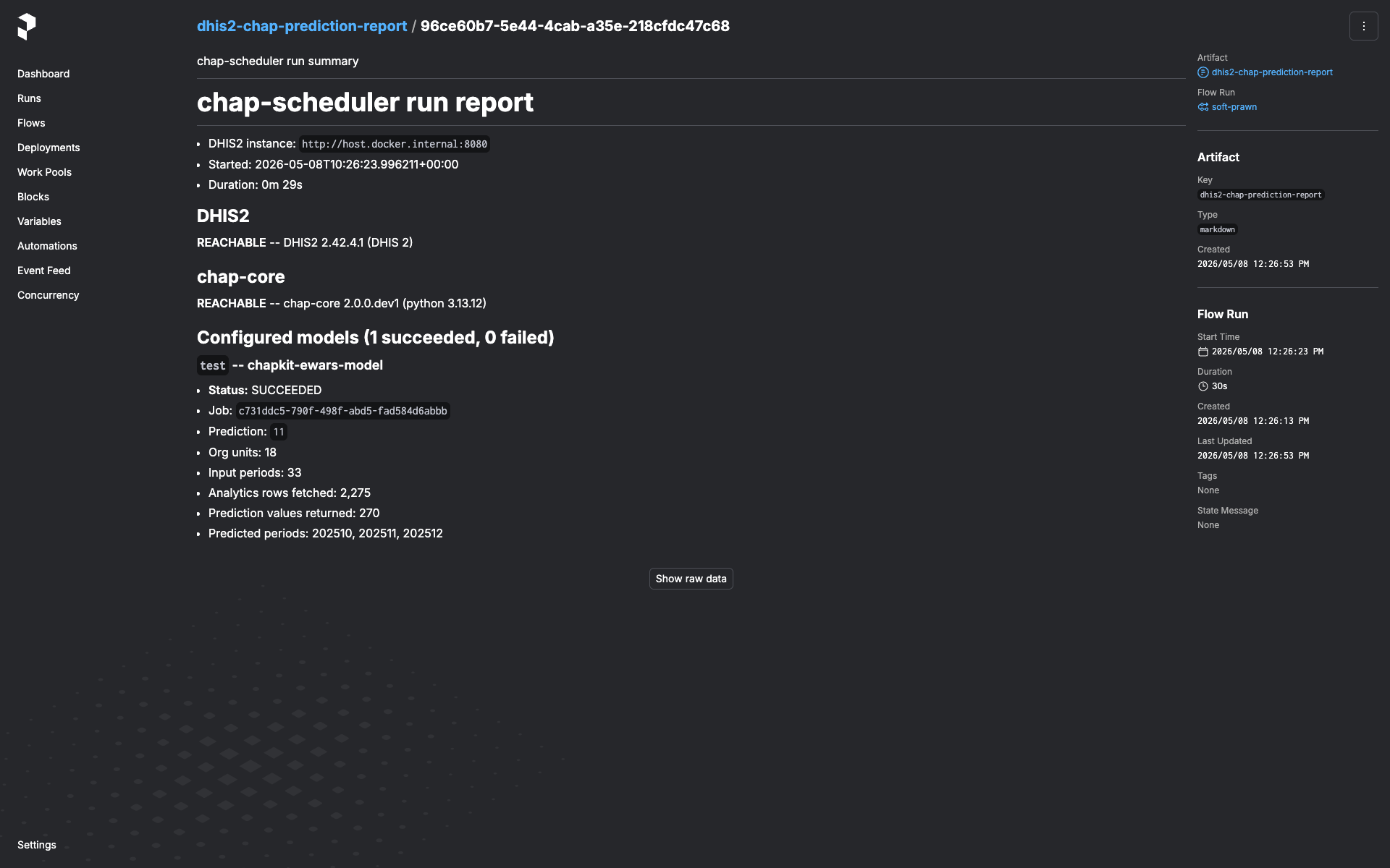Run-report artifact rendered in the embedded Prefect UI